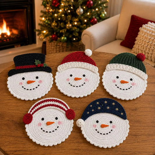 Schneemann-Untersetzer mit Weihnachtsmützen und Ohrenschützern