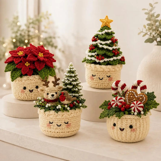 Weihnachtliche Häkeltöpfe im 4er-Set – PDF-Häkelanleitung
