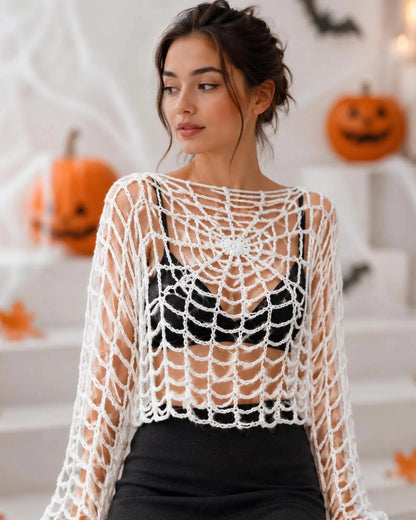 Spider Web Crop Top Häkelanleitung PDF – Anfängerfreundliches Spinnennetz-Top mit langen Ärmeln