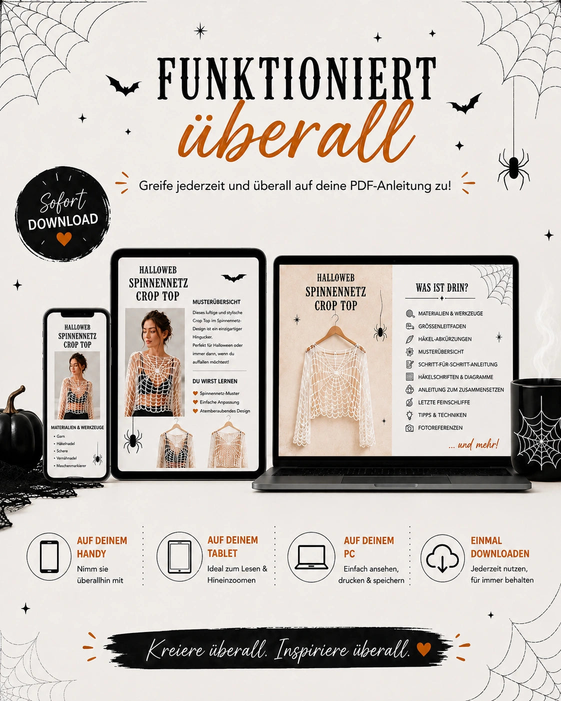 Spider Web Crop Top Häkelanleitung PDF – Anfängerfreundliches Spinnennetz-Top mit langen Ärmeln