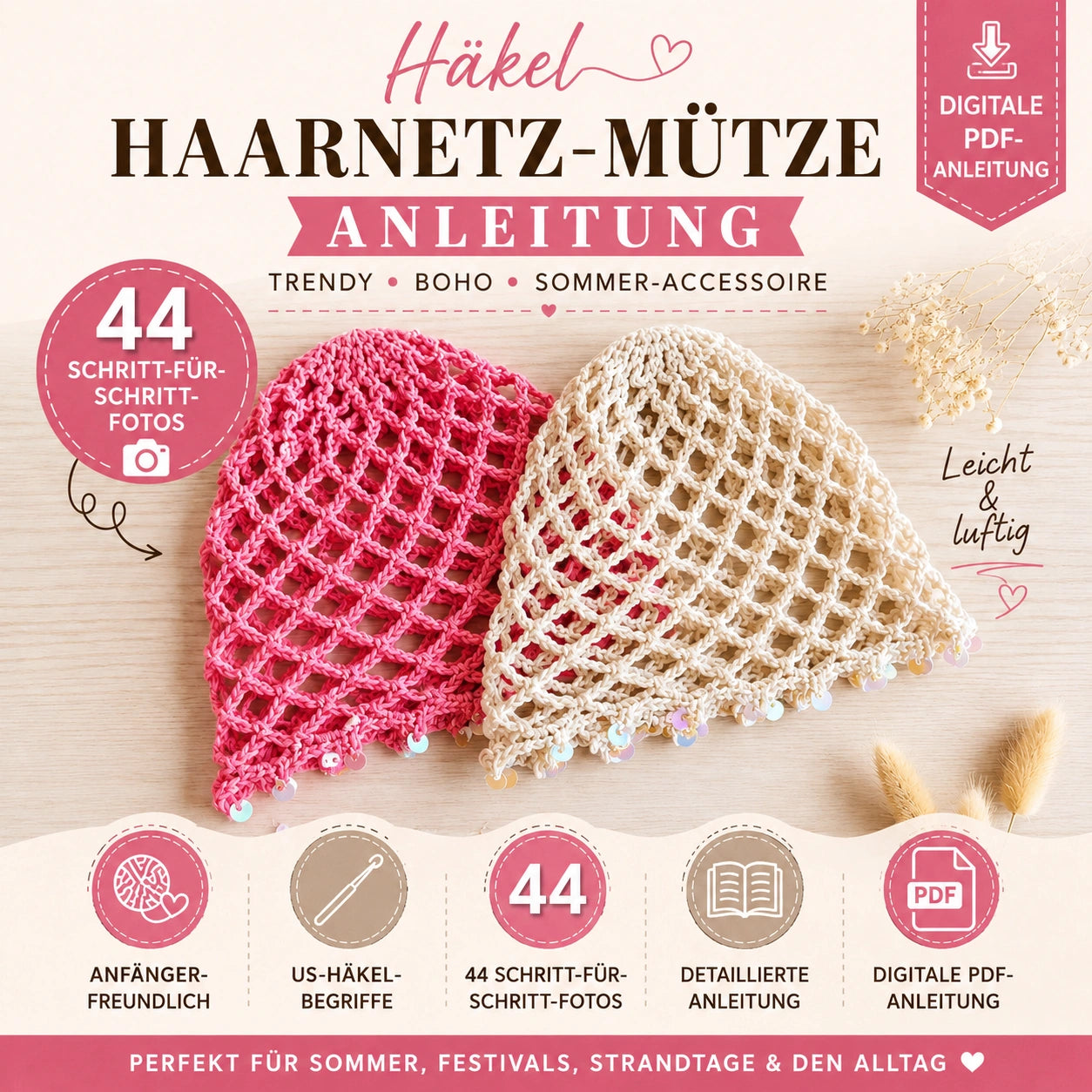 Häkelanleitung Haarnetz-Mütze – Luftige Boho Sommermütze | PDF-Anleitung
