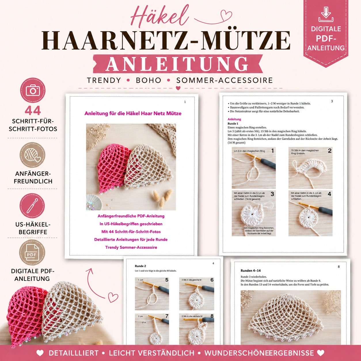 Häkelanleitung Haarnetz-Mütze – Luftige Boho Sommermütze | PDF-Anleitung