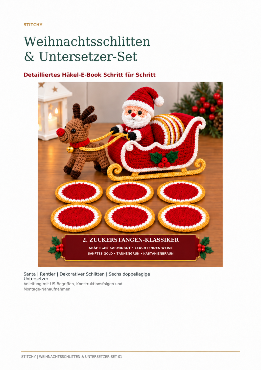 Weihnachtsschlitten mit 6 Untersetzern – PDF-Häkelanleitung