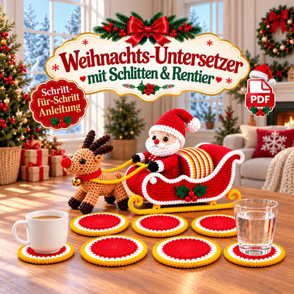 Weihnachtsschlitten mit 6 Untersetzern – PDF-Häkelanleitung