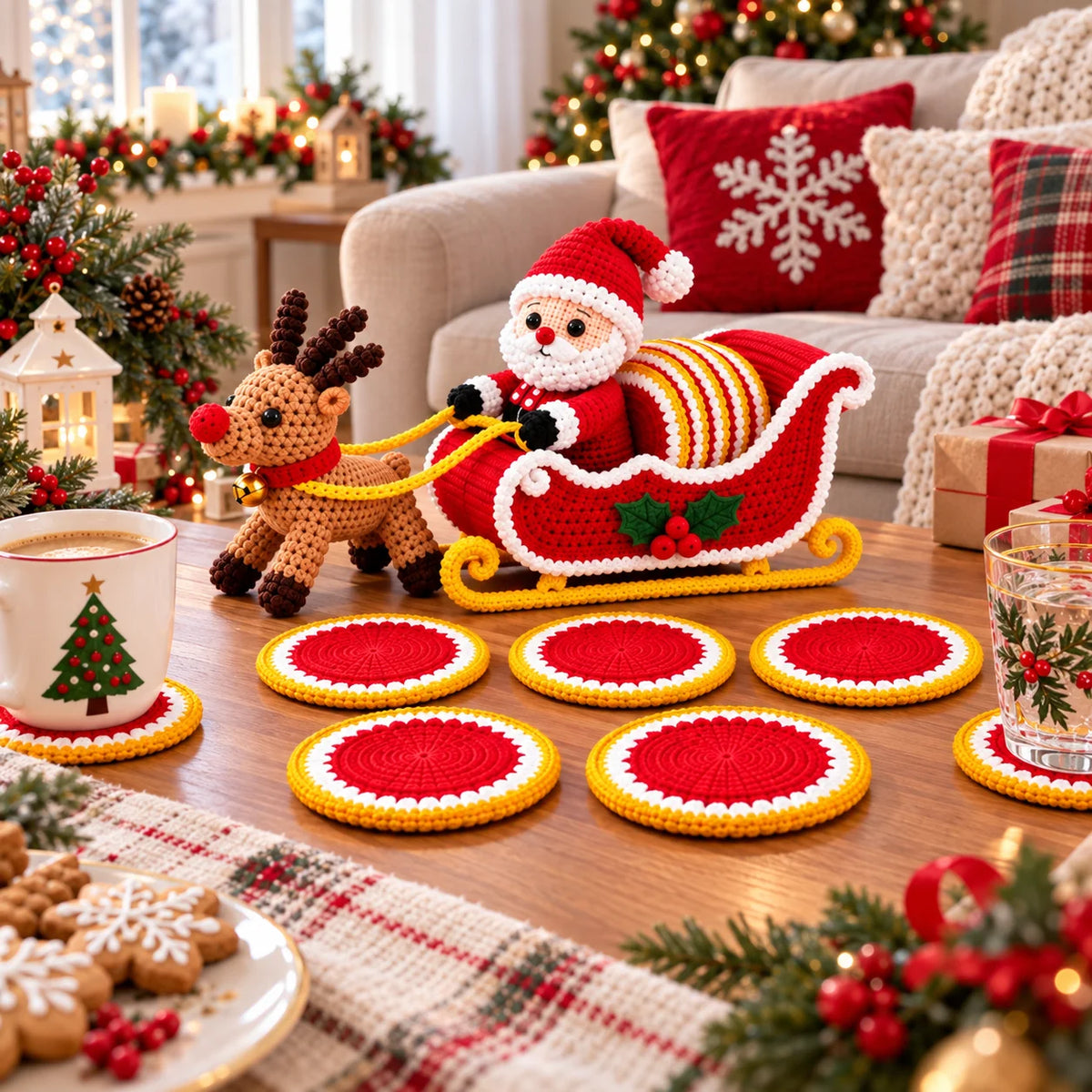 Weihnachtsschlitten mit 6 Untersetzern – PDF-Häkelanleitung