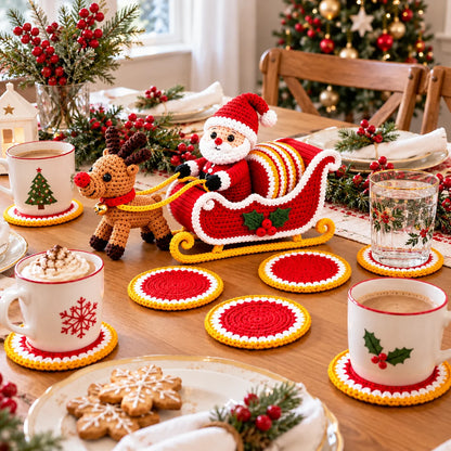Weihnachtsschlitten mit 6 Untersetzern – PDF-Häkelanleitung