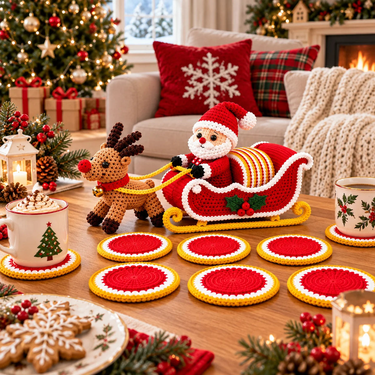 Weihnachtsschlitten mit 6 Untersetzern – PDF-Häkelanleitung