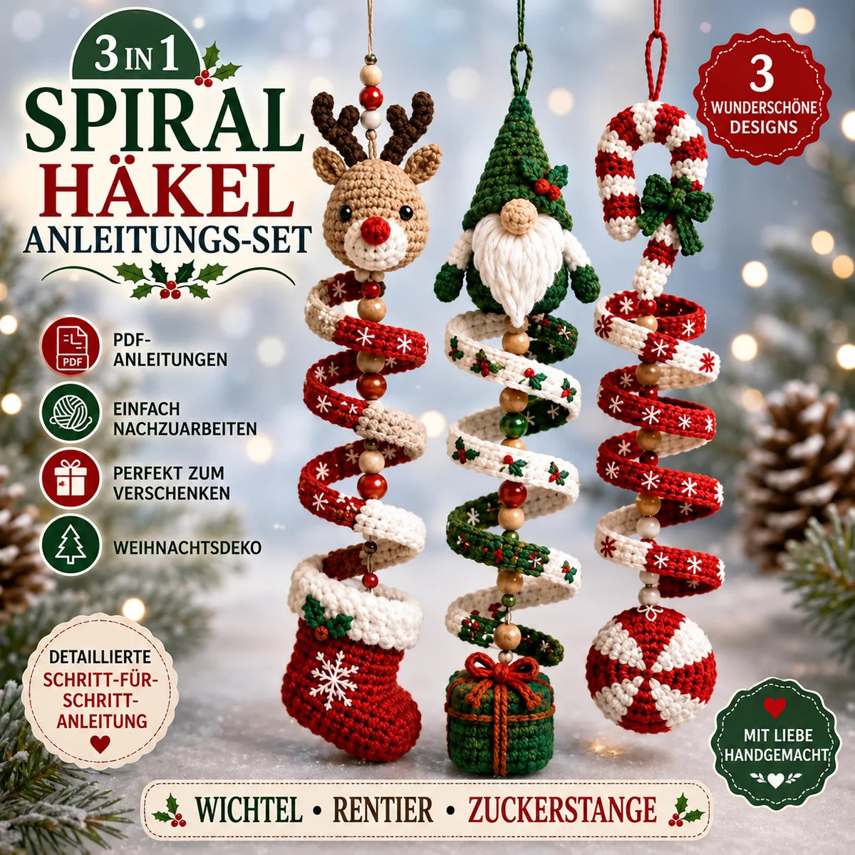 Weihnachts-Spiralen häkeln – 3-in-1 PDF-Anleitung