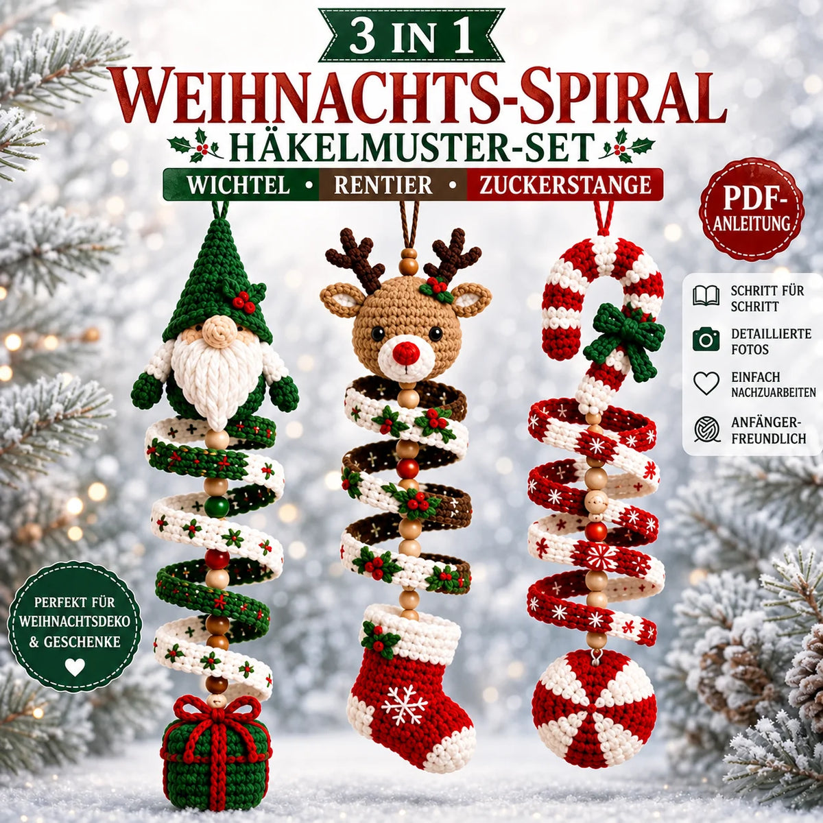 Weihnachts-Spiralen häkeln – 3-in-1 PDF-Anleitung