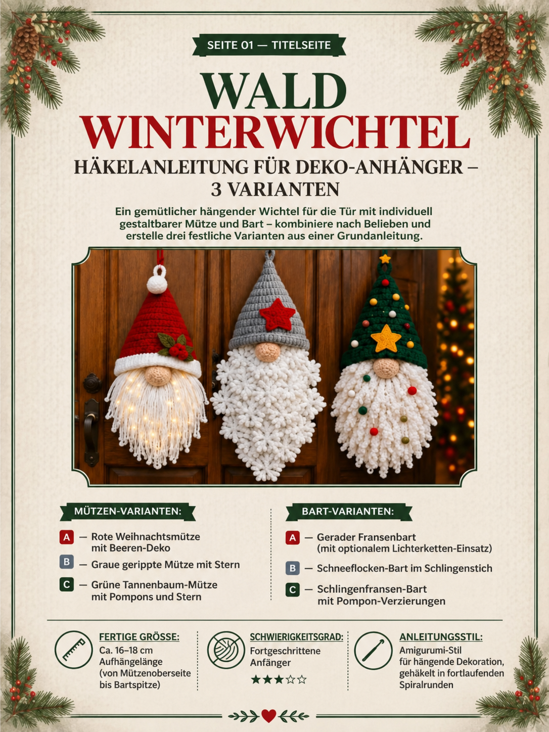 Weihnachtswichtel-Türhänger – Häkelanleitung als PDF auf Deutsch & Englisch mit 3 Varianten