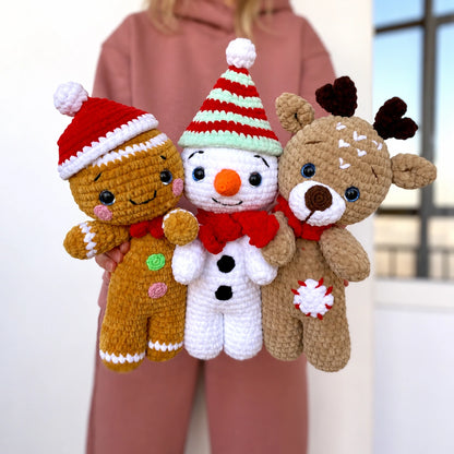 Häkelanleitung Rentier, Lebkuchenmann & Schneemann – Weihnachts-Amigurumi 3er-Set (PDF)