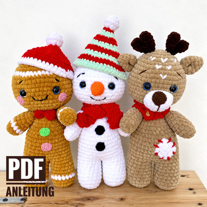 Häkelanleitung Rentier, Lebkuchenmann & Schneemann – Weihnachts-Amigurumi 3er-Set (PDF)