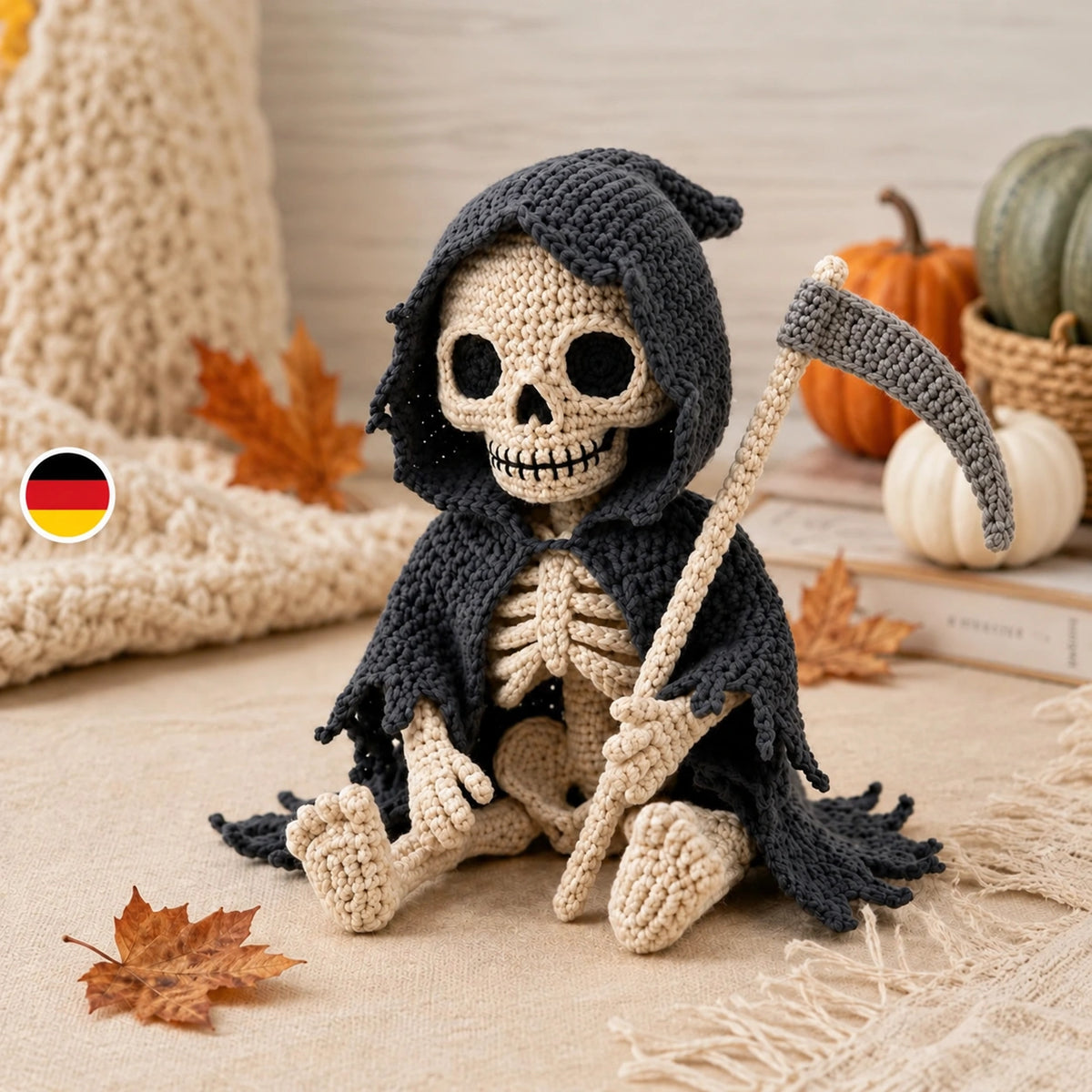 Bitty Grim – Sensenmann-Skelett mit Sense | PDF-Häkelanleitung