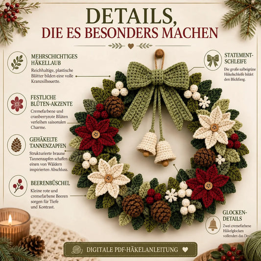 Weihnachtskranz Häkelanleitung – Digitale PDF auf Deutsch & Englisch