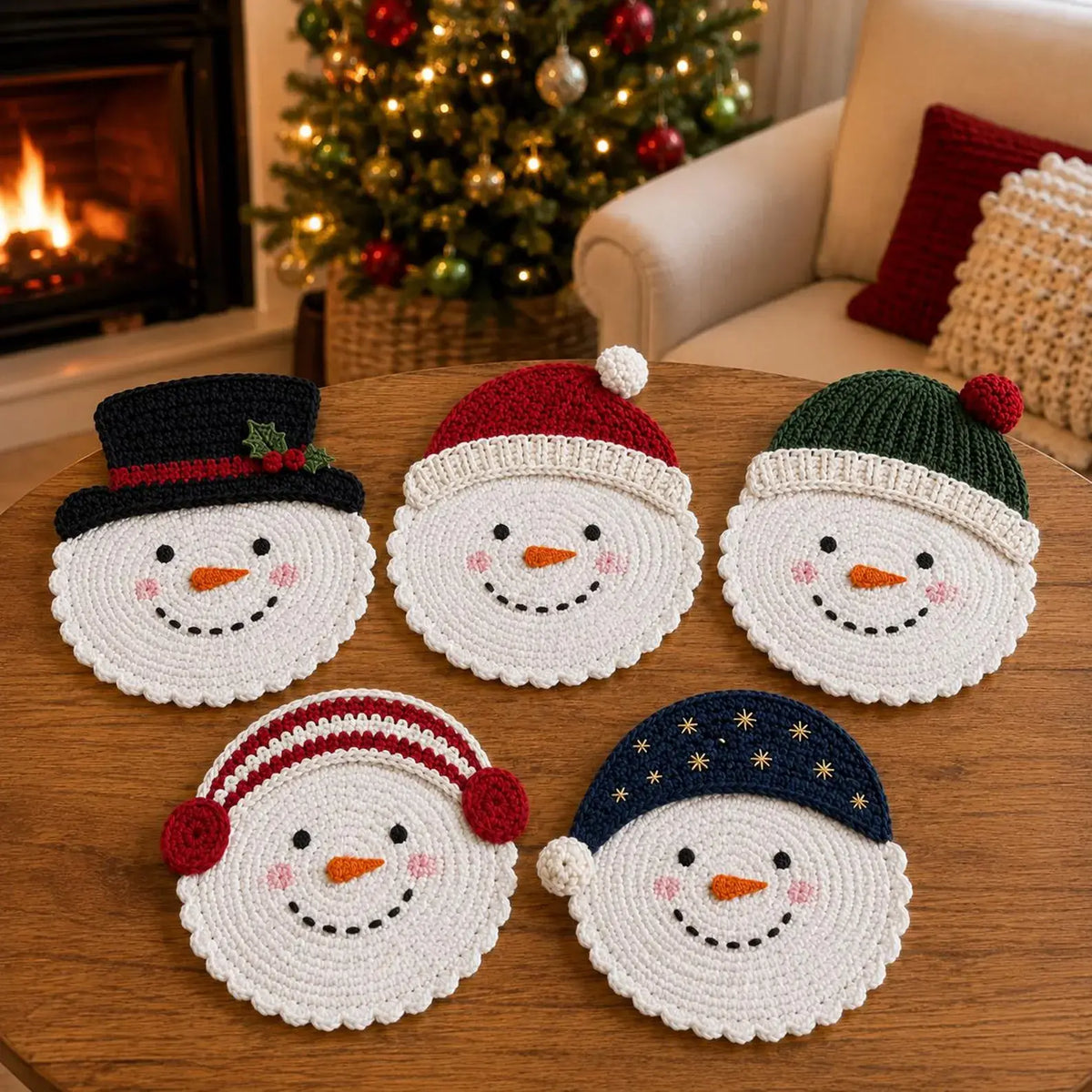 Schneemann-Untersetzer mit Weihnachtsmützen und Ohrenschützern