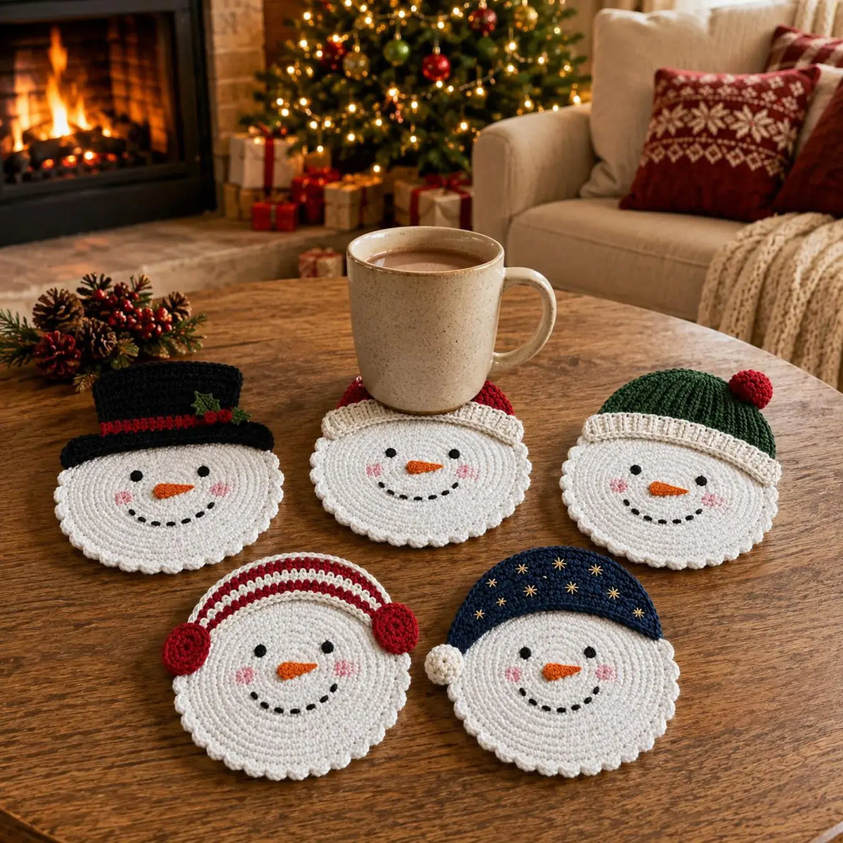 Gehäkelte Schneemann-Untersetzer mit Tasse