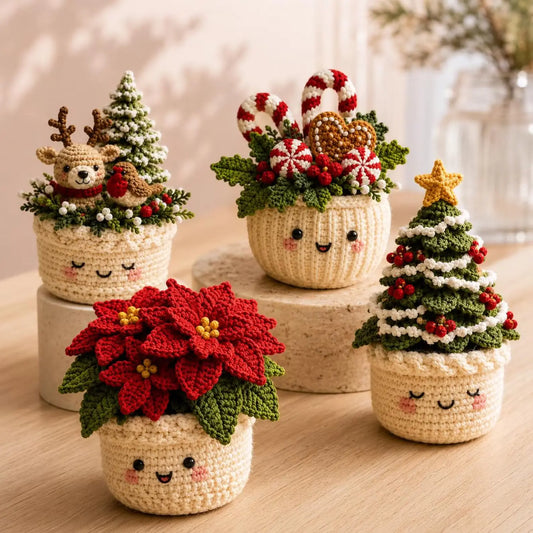 Weihnachtliche Häkeltöpfe im 4er-Set – PDF-Häkelanleitung