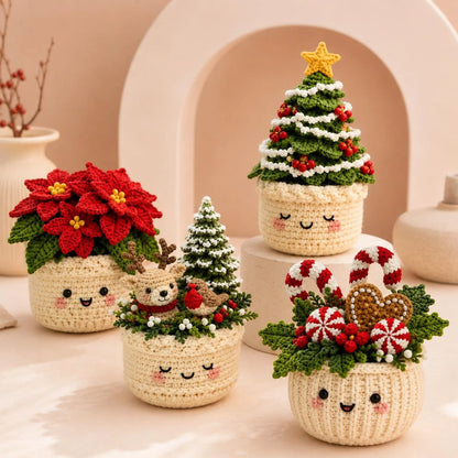 Weihnachtliche Häkeltöpfe im 4er-Set – PDF-Häkelanleitung