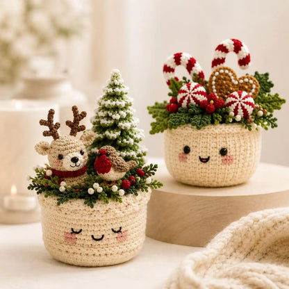 Weihnachtliche Häkeltöpfe im 4er-Set – PDF-Häkelanleitung