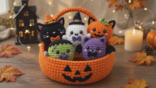 Kawaii Halloween Bao Buns Häkelanleitung – 5 Amigurumi & Kürbis-Körbchen PDF