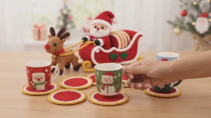 Weihnachtsschlitten mit 6 Untersetzern – PDF-Häkelanleitung