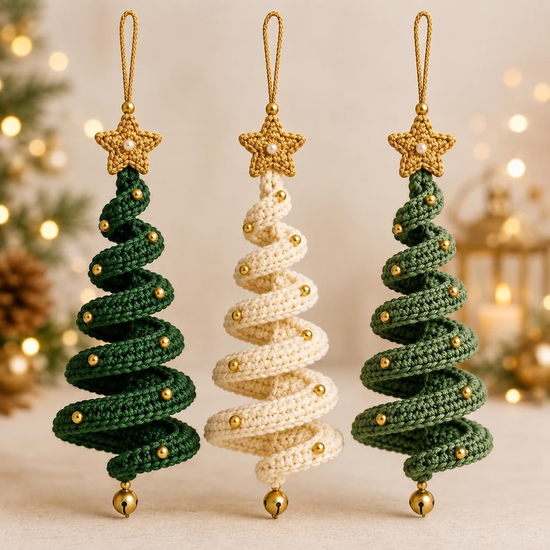 Drei gehäkelte Spiral-Weihnachtsbaum-Anhänger in Waldgrün, Elfenbein und Salbeigrün mit goldenen Sternen, Perlen und Glöckchen