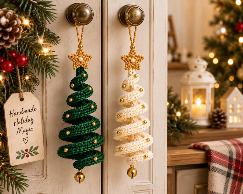 Spiral-Weihnachtsbaum-Anhänger in Waldgrün und Elfenbein an Schrankknäufen