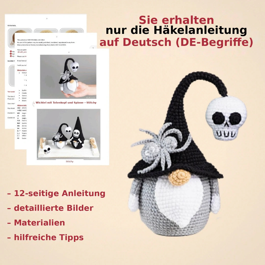 Halloween-Gnom mit Totenkopf & Spinne – Häkelanleitung PDF