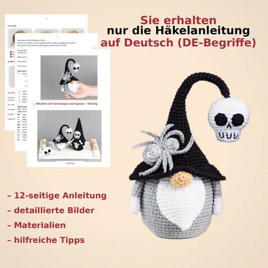 Halloween-Gnom mit Totenkopf & Spinne – Häkelanleitung PDF